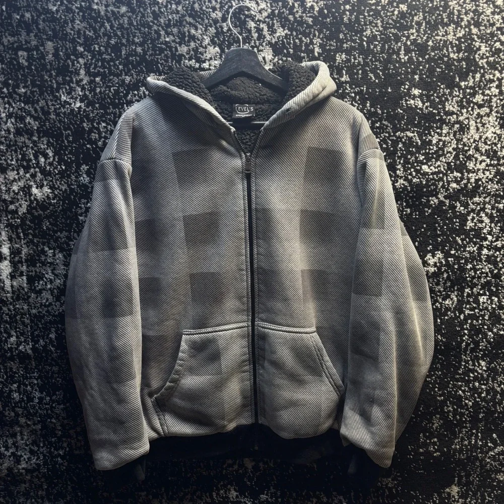 Level's Sportswear Mens XL Checkered Sherpa Lined Zip Hoodie Grey Y2K Skater - Picture 2 of 6